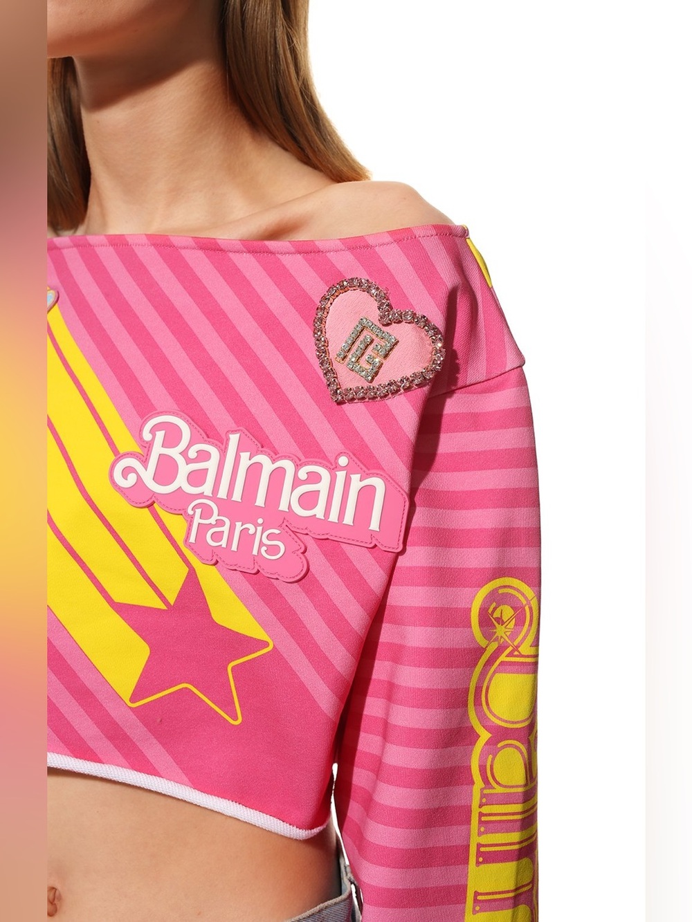 Balmain x Barbie Pink Cotton Off-The Shoulder Crop Top - Picture 3 of 9